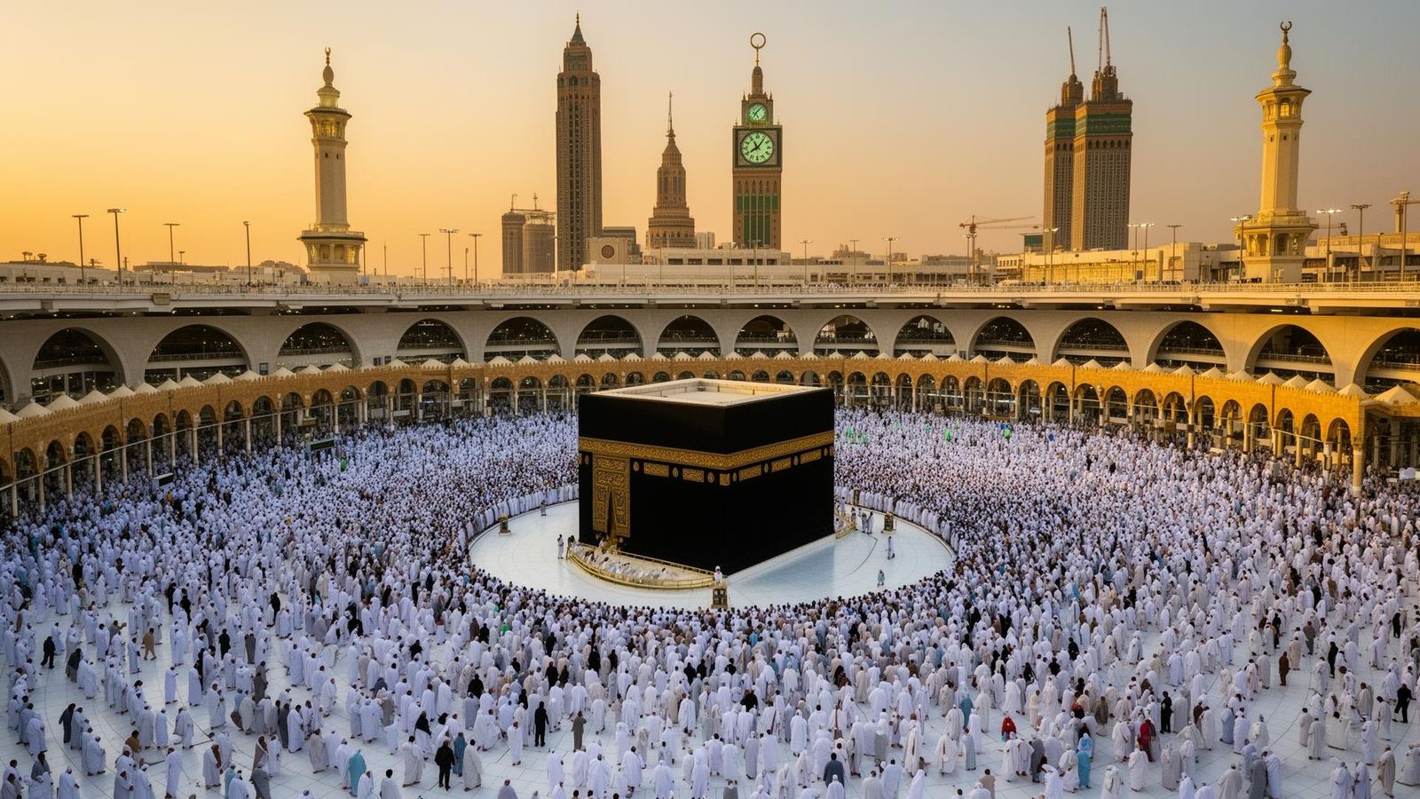 The Kaaba in Mecca with pilgrims performing Tawaf